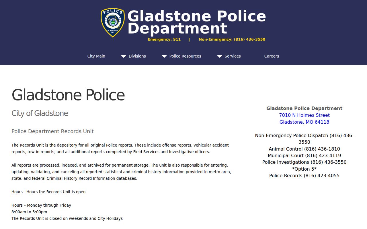 Gladstone criminal records request page for police reports